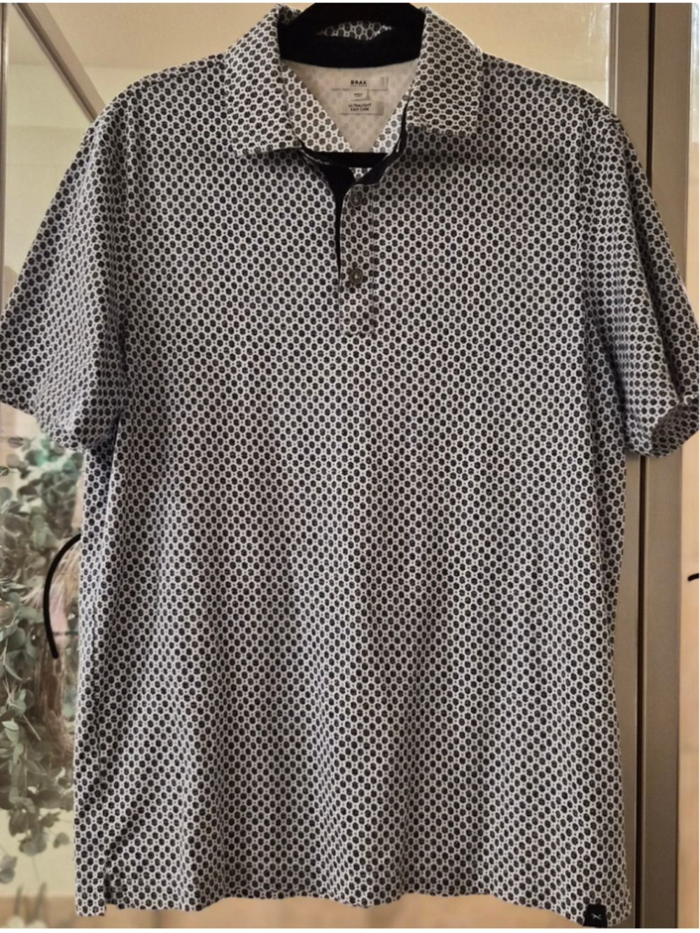 Retro Men's Brax Polo Shirt Size M Navy Blue & White Geometric Print